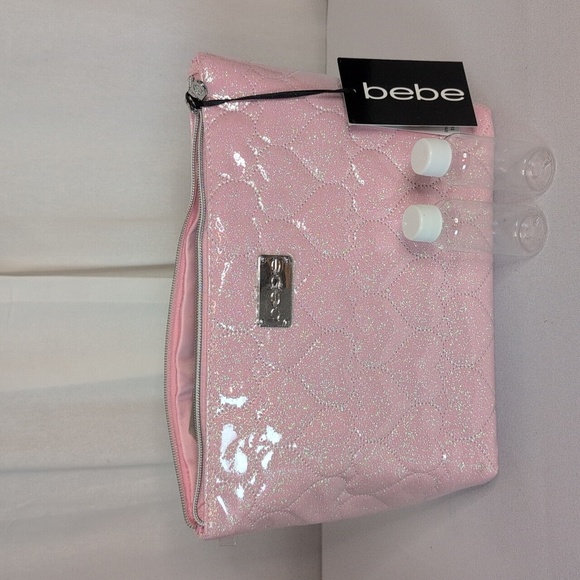 bebe Handbags - Bebe Pink Heart Quilted Shimmer Large Travel Cosmetic Bag 2 Travel Bottles NWT